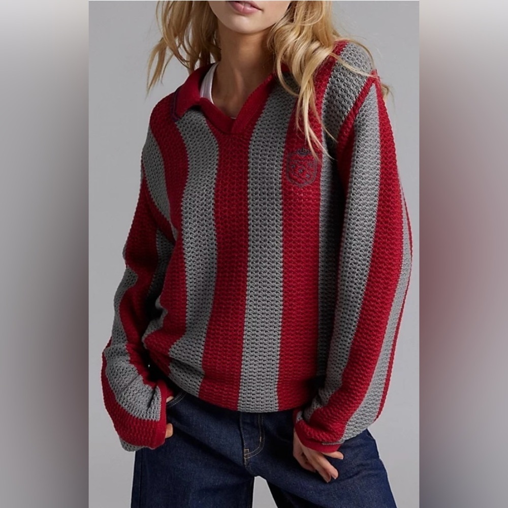 Urban Outfitters BDG Striped Red and Gray Women's Varsity Y2K Sweater